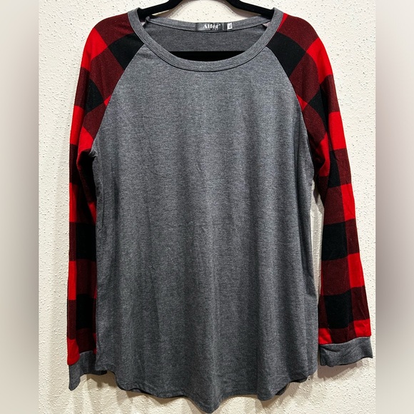 Gray and Red Plaid Long Sleeve Tee - Picture 1 of 3